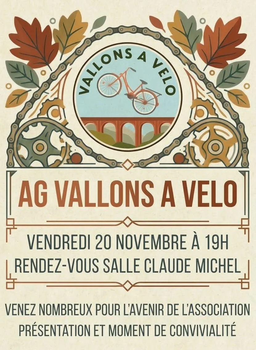 L'affiche de l'assemblée générale de Vallons à vélo : vendredi 20 novembre à 19h, rendez-vous salle Claude Michel ; venez nombreux pour l'avenir de l'association, présentation et moment de convivialité