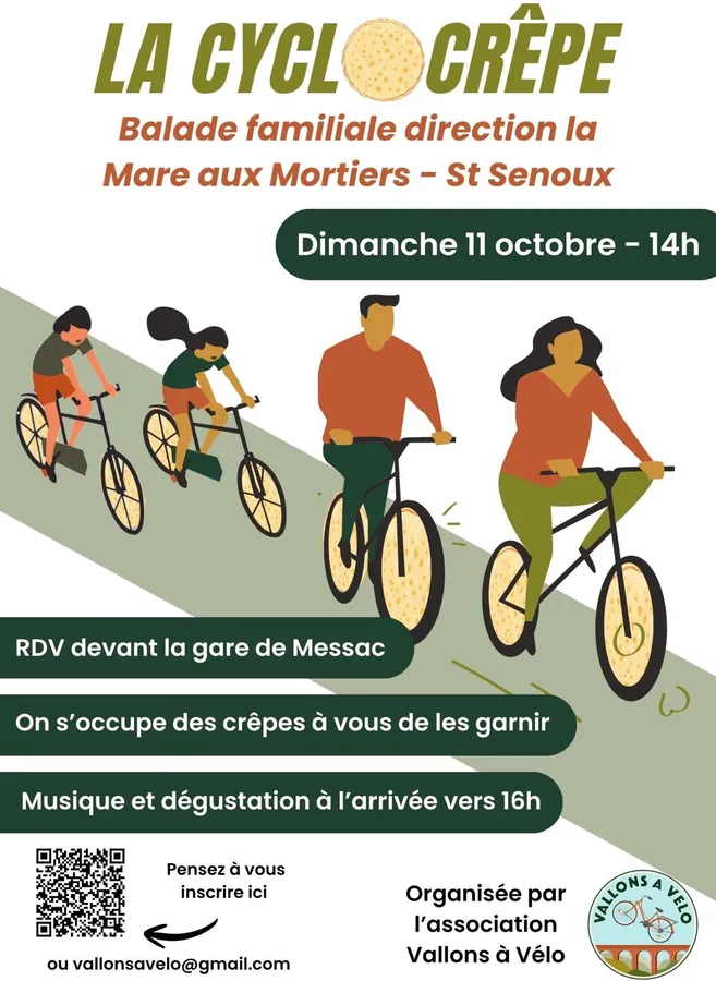 Affiche de la Cyclocrêpe : balade familiale direction la Mare aux Mortiers à Saint-Senoux, dimanche 11 octobre à 14 h, illustrée de cyclistes