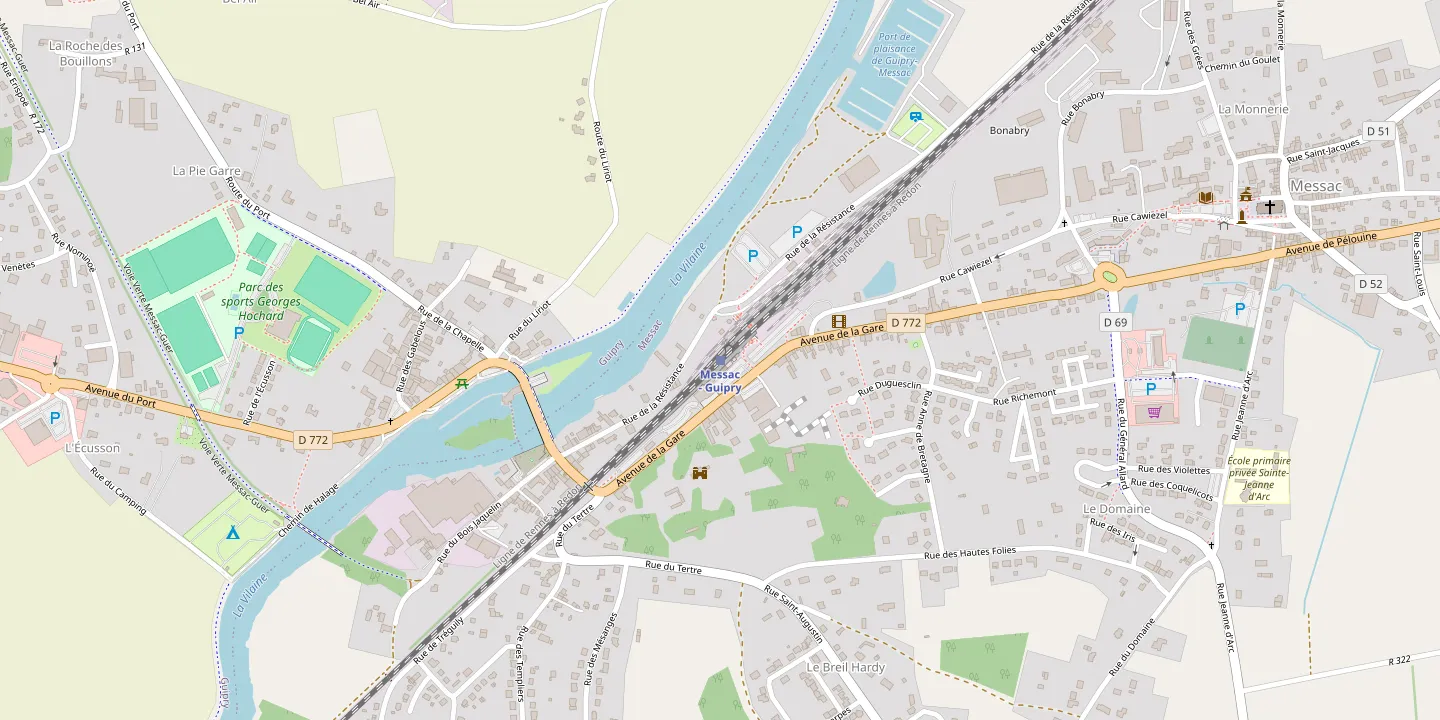Plan du quartier de la gare de Guipry-Messac, entre la voie ferrée et la Vilaine